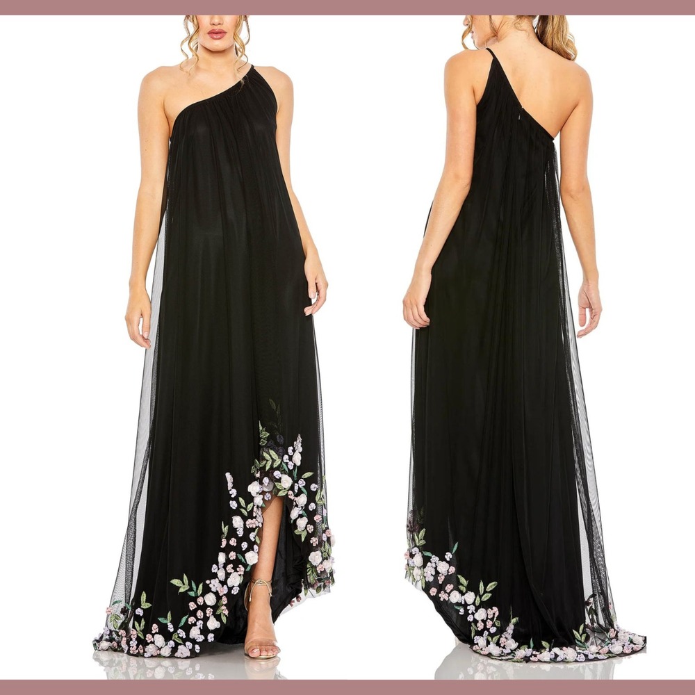 Mac Duggal Black One Shoulder Dress with Floral Accents
